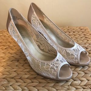 Satin and lace champagne heels